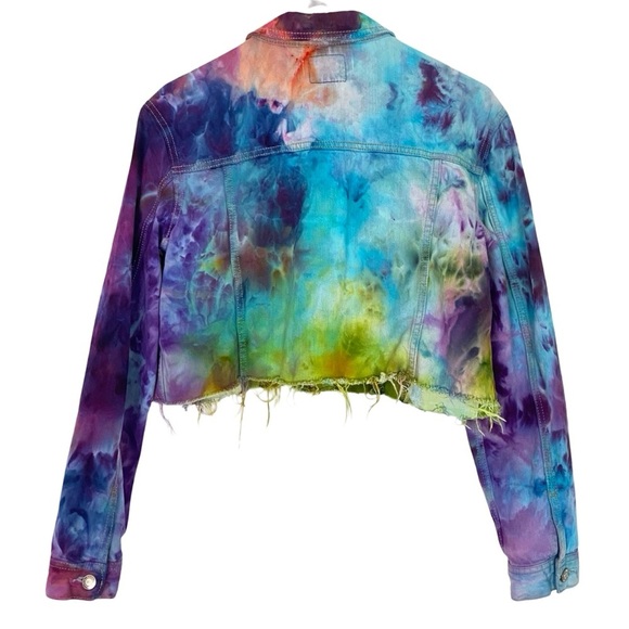 Handmade Tie Dye Jean Jacket Womens Size Medium Cropped Upcycled Colorful Denim - Picture 5 of 13